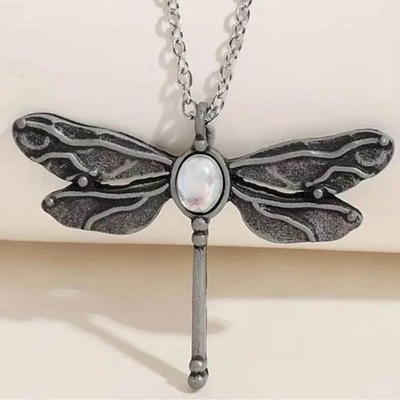 Bohemian Antique Silver tone Dragonfly Pendant Necklace Stone Accent adjustable - Picture 1 of 7